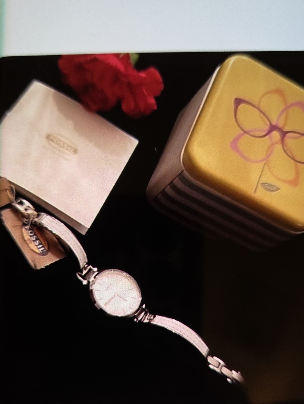 Fossil White Leather Strap Ladies Watch with Silver Case